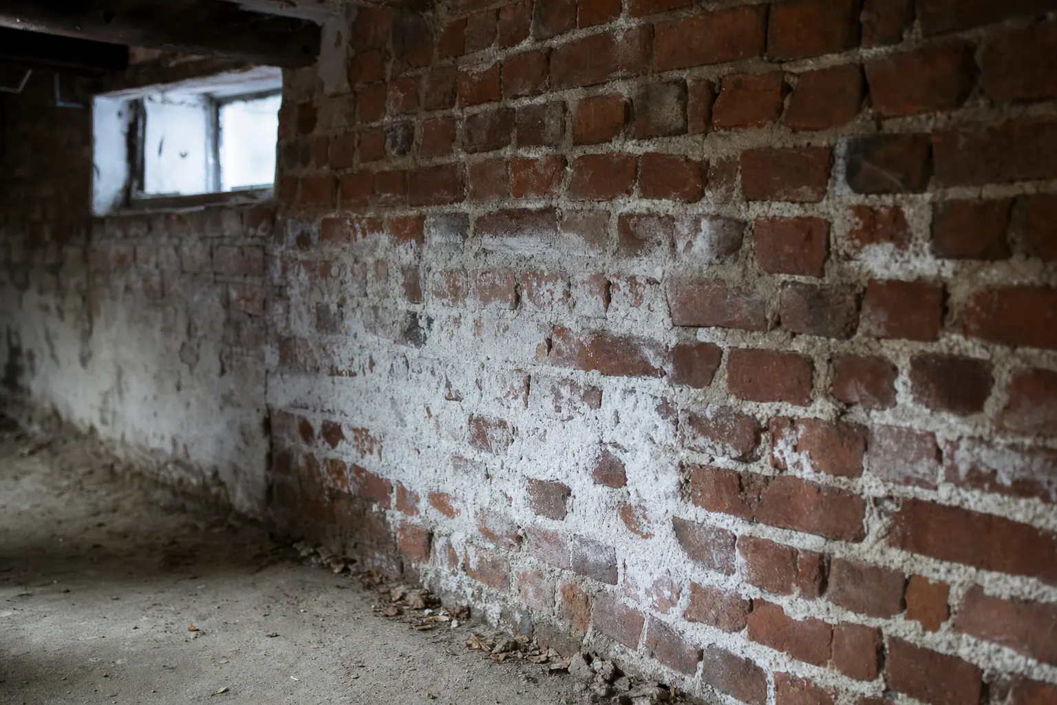 Weißer, pudriger Salzausblühungs-Belag auf einer rohen Ziegelwand in einem Altbau-Keller