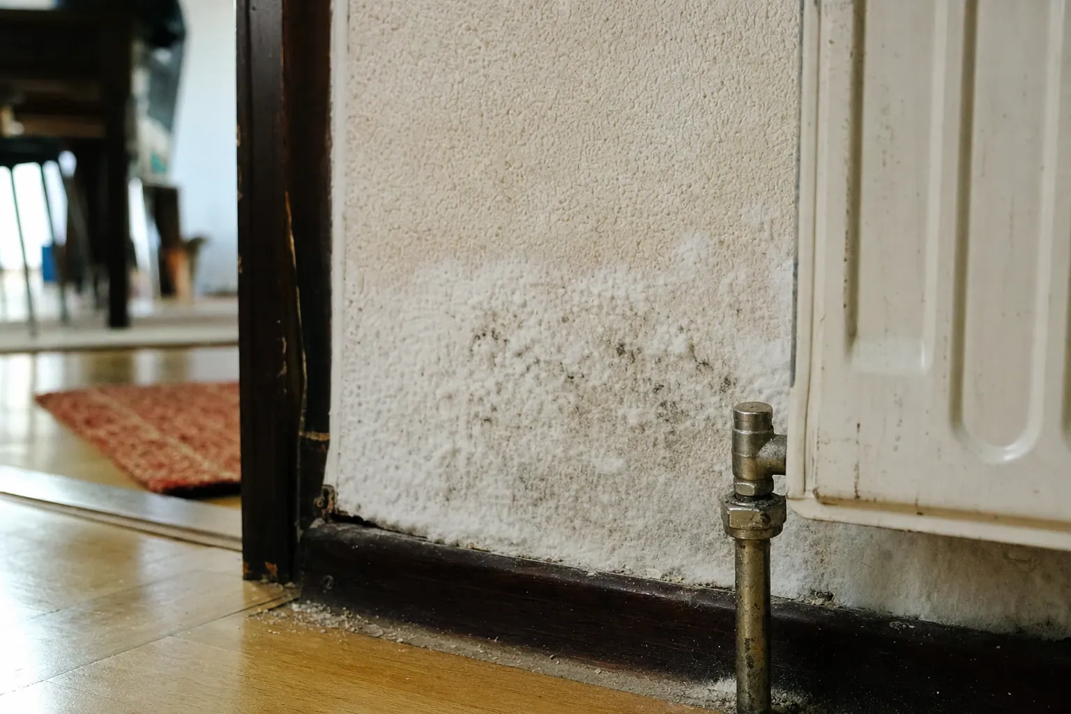 Weißlicher, flaum-artiger Schimmelbelag auf alter Raufasertapete hinter einem Heizkörper in einem Altbauflur
