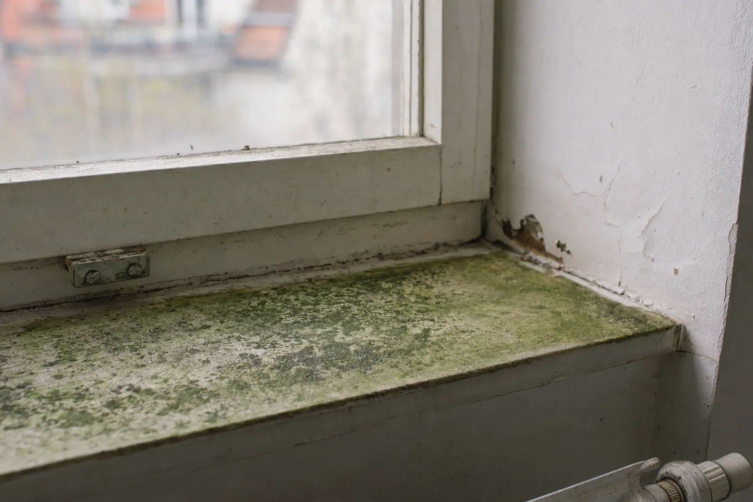 Grüner, flächiger Schimmelbelag auf einer alten Holzfensterbank in einem Gründerzeithaus, Tageslicht
