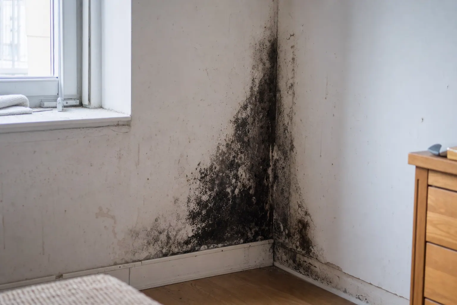 Großflächiger schwarzer Schimmelbefall in einer Zimmerecke zwischen zwei Außenwänden einer Altbau-Wohnung