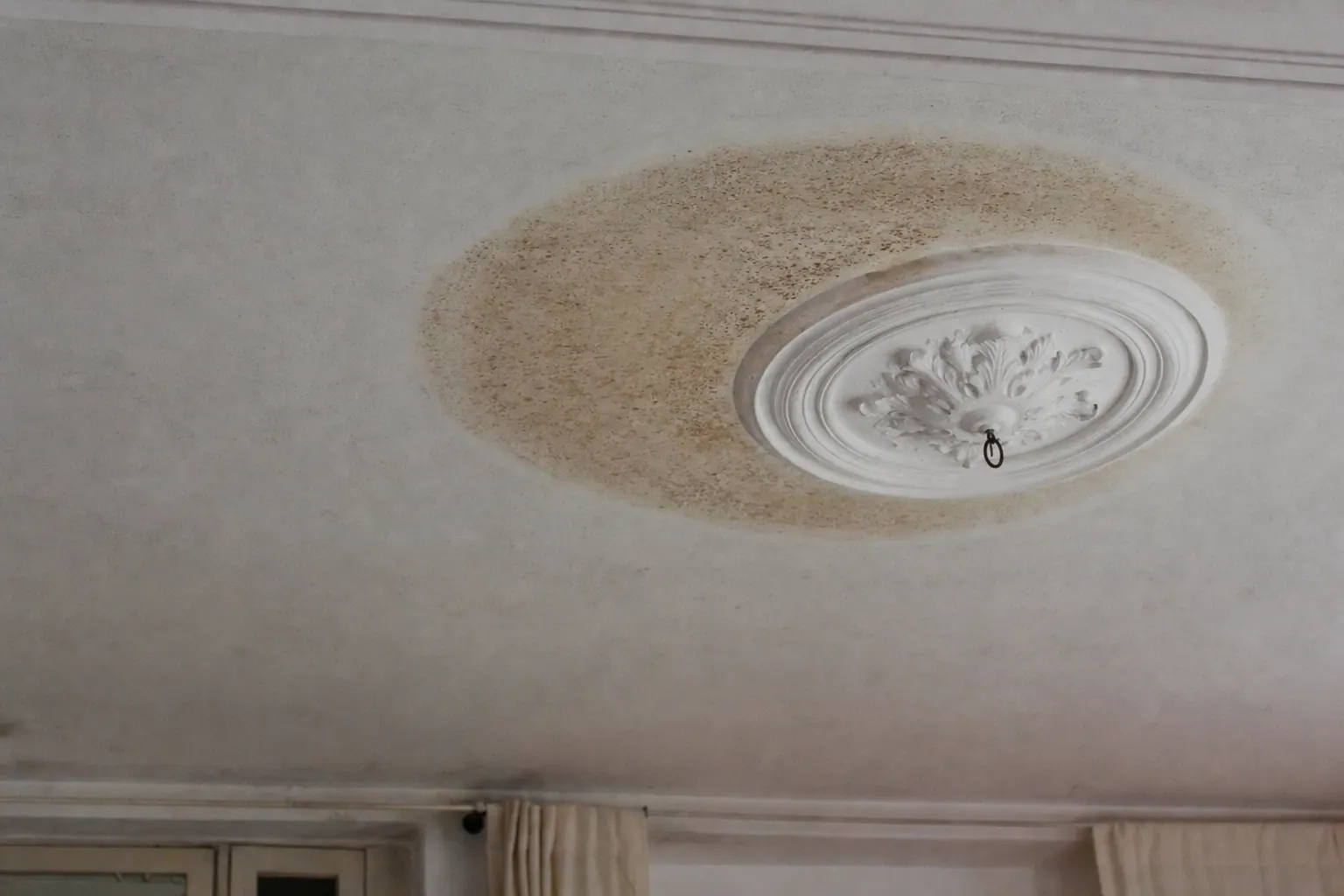 Braun-gelblicher, runder Fleck an einer Altbau-Stuckdecke, möglicherweise alter Wasserfleck oder Stockfleck