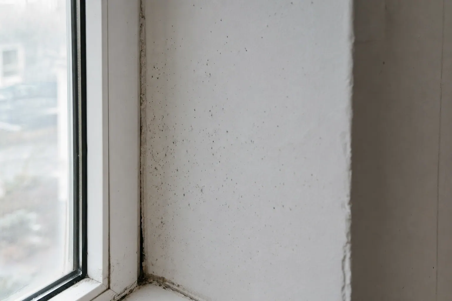 Schwarze, punktförmige Schimmelflecken auf weißem Putz in einer Altbau-Fensterlaibung, Nahaufnahme